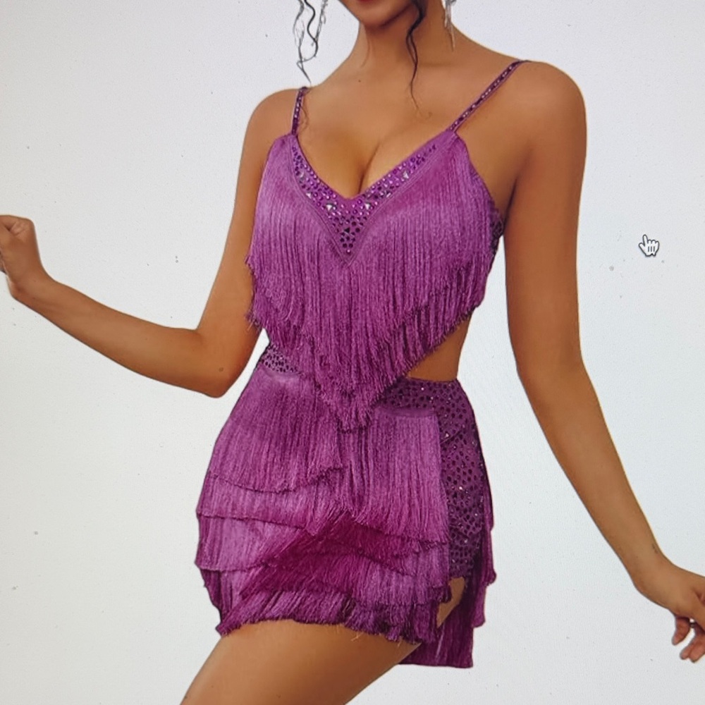 Fringe V-Neck Party Dress in Purple